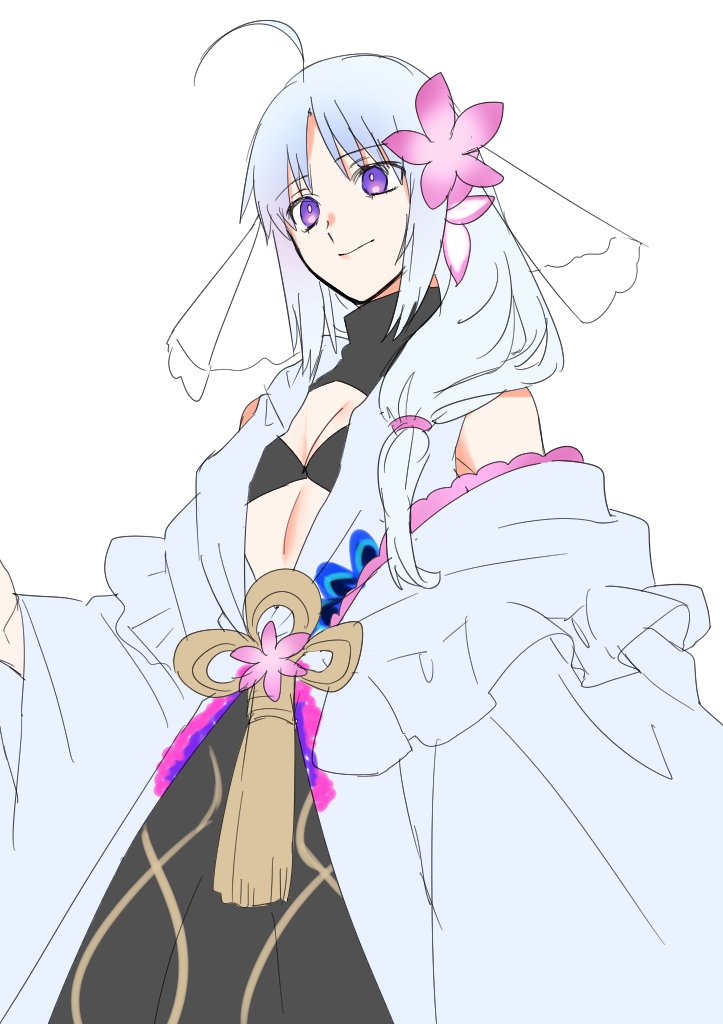 1girl, ahoge, bad_id, bad_twitter_id, breasts, cleavage, cleavage_cutout, clothing_cutout, fate/grand_order, fate/stay_night, fate_(series), female_focus, genderswap, genderswap_(mtf), long_hair, merlin_(fate/prototype), merlin_(fate/stay_night), ponytail, purple_eyes, seseragi_azuma, simple_background, small_breasts, solo, turtleneck, white_background