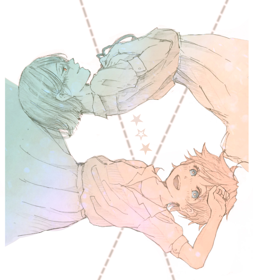 2girls, blue_eyes, dress, emma_(yakusoku_no_neverland), gilda_(yakusoku_no_neverland), glasses, mao_(pixiv_21075262), monochrome