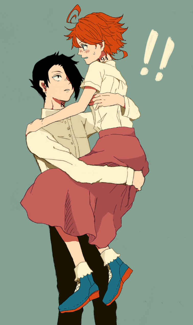 1boy, 1girl, black_hair, blush, carrying, emma_(yakusoku_no_neverland), hair_over_one_eye, highres