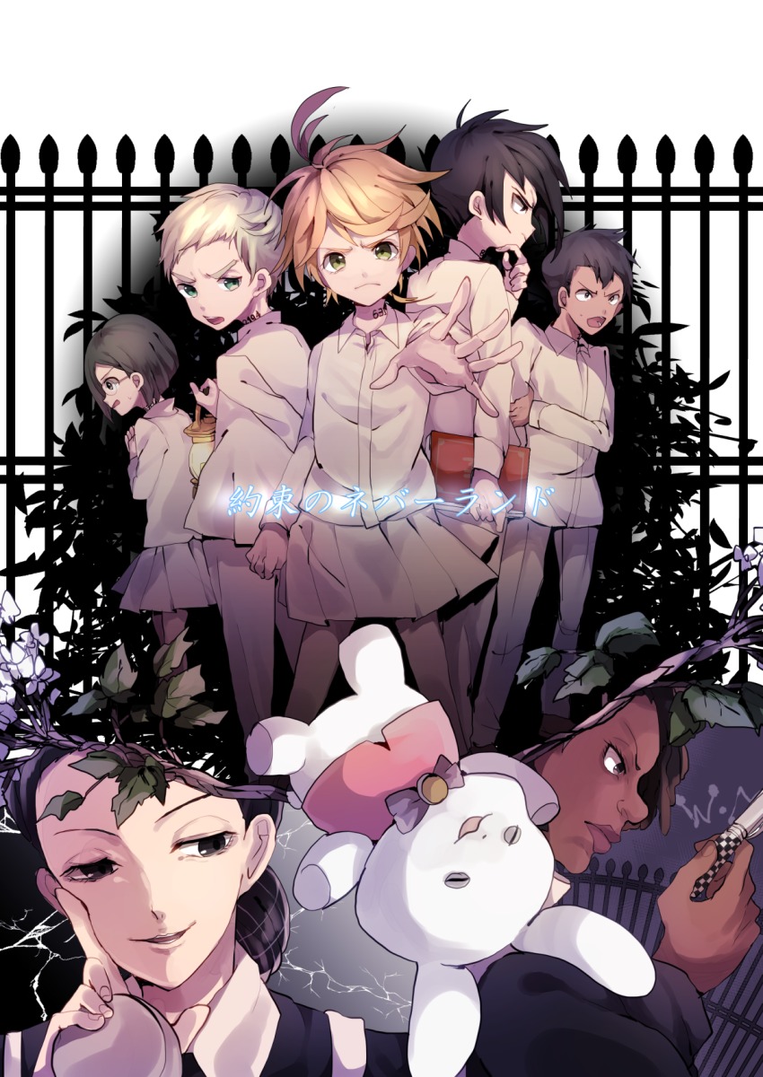 3boys, 4girls, black_hair, blonde_hair, blue_eyes, dark_skin, don_(yakusoku_no_neverland), emma_(yakusoku_no_neverland)
