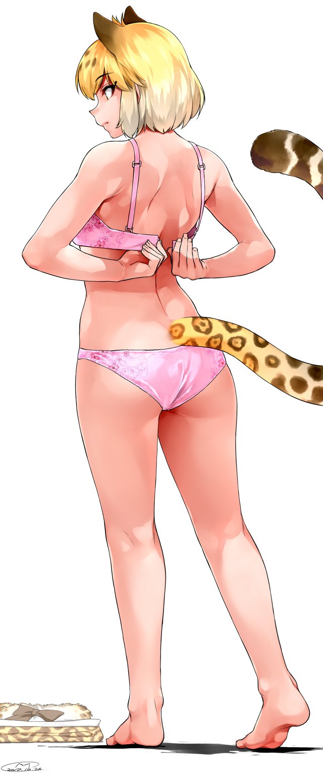 10s, 1girl, animal_ears, ass, back, bare_legs, barefoot, blonde_hair, bra, clasping_bra, dated, female_focus, from_behind, full_body, highres, jaguar_(kemono_friends), jaguar_ears, jaguar_tail, kemono_friends, mitsuba_minoru, open_bra, panties, pink_bra, pink_panties, profile, short_hair, simple_background, solo, standing, tail, underwear, underwear_only, white_background