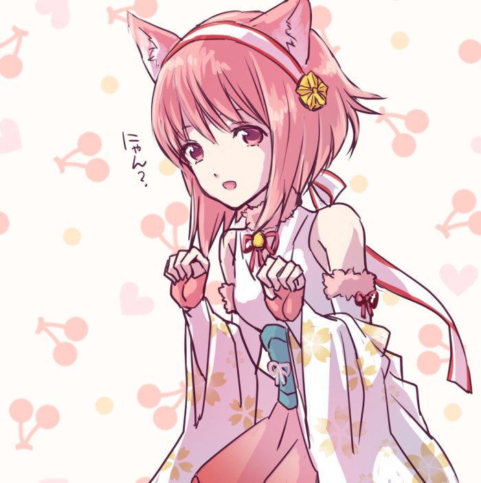 1girl, animal_ears, bob_cut, cat_ears, female_focus, fingerless_gloves, fire_emblem, fire_emblem_fates, gloves, japanese_clothes, kimono, looking_at_viewer, nintendo, pink_eyes, pink_hair, sakura_(fire_emblem), sakura_(gentle_nekomata)_(fire_emblem), smile, solo, yoneko