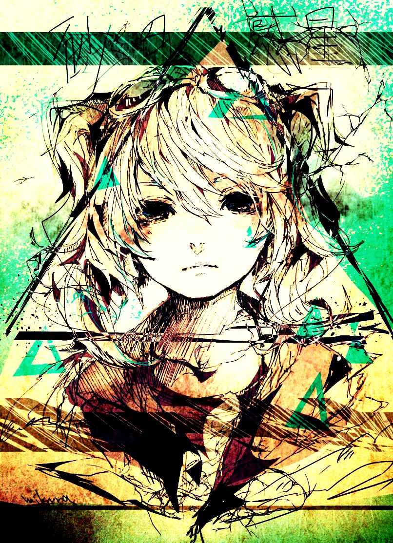 1girl, 3kuma, abstract, female_focus, hatsune_miku, long_hair, looking_at_viewer, signature