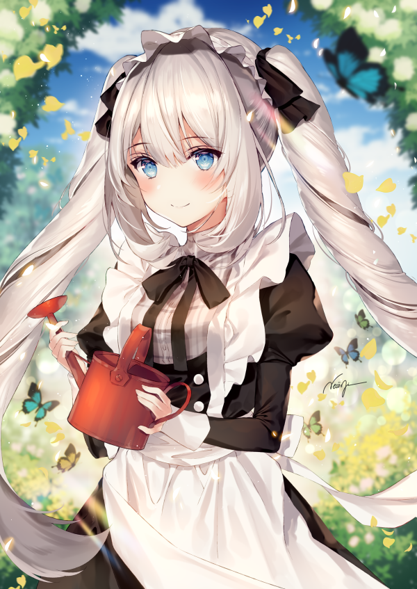 1girl, apron, artist_name, blue_eyes, blurry, blush, bug, butterfly