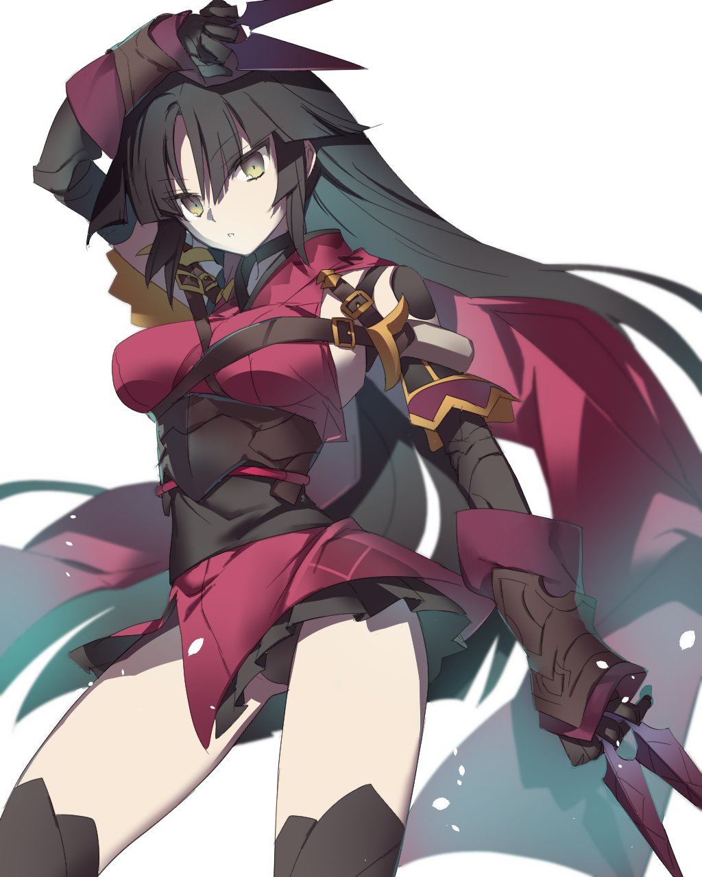 1girl, bad_id, bad_twitter_id, belt, between_fingers, black_hair, fate/grand_order, fate_(series), female_focus, highres, hinotta, holding, katou_danzou_(fate), katou_danzou_(third_ascension)_(fate), kunai, long_hair, scarf, solo, weapon, white_background