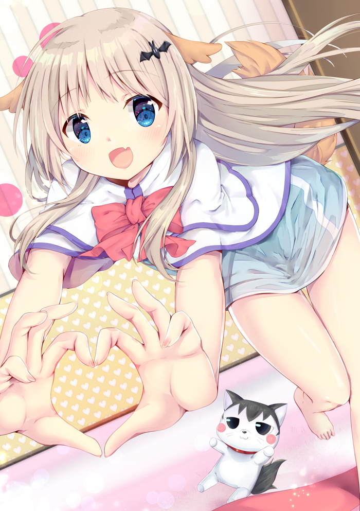 1girl, animal_ears, barefoot, blue_eyes, bow, cape, dog, dog_ears