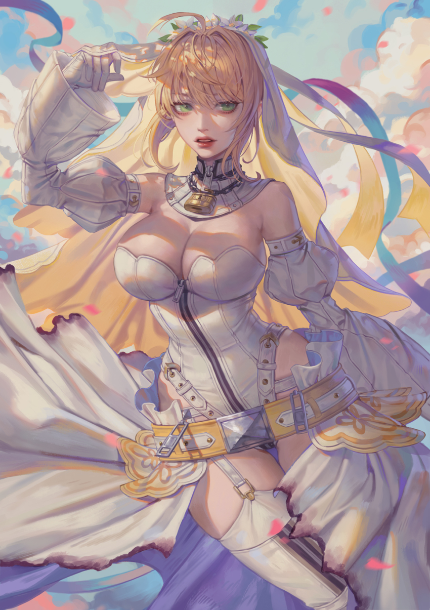 10s, 1girl, ahoge, bad_id, bad_pixiv_id, bare_shoulders, belt, belt_skirt, blonde_hair, breasts, bridal_veil, detached_sleeves, fate/extra, fate/extra_ccc, fate_(series), female_focus, flower, full-length_zipper, garter_straps, gloves, green_eyes, hair_intakes, head_wreath, highres, large_breasts, leotard, lips, lock, looking_at_viewer, nero_claudius_(bride)_(fate), nero_claudius_(bride)_(second_ascension)_(fate), nero_claudius_(fate), padlock, parted_lips, petals, red_lips, showgirl_skirt, solo, strapless, strapless_leotard, thighhighs, veil, white_flower, white_gloves, white_leotard, white_thighhighs, wind, zero_q_0q, zipper, zipper_pull_tab