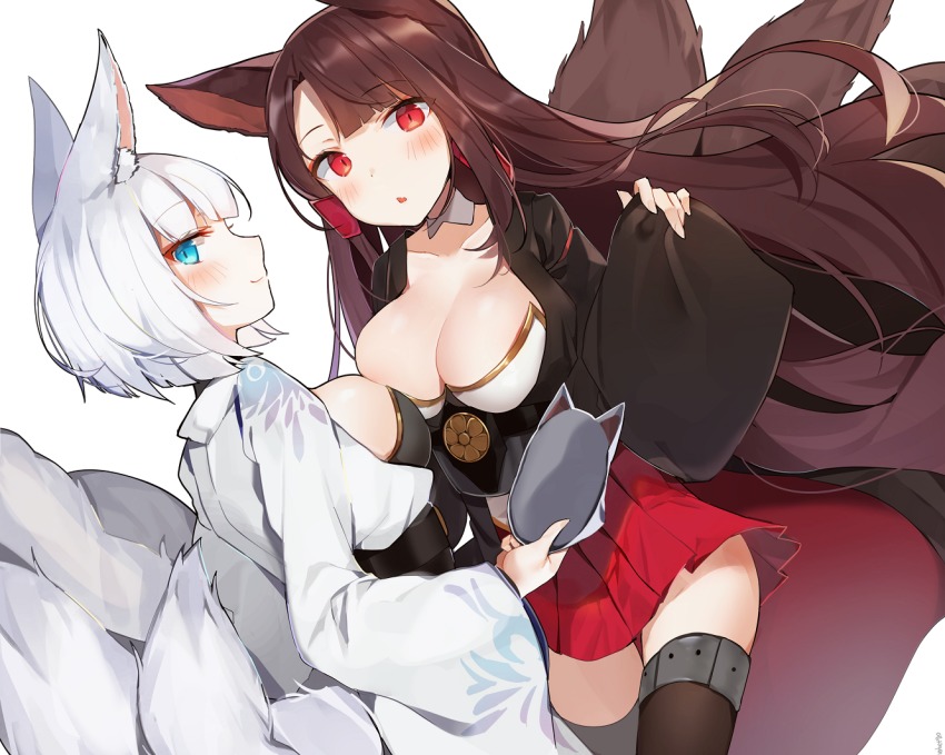 2girls, akagi_(azur_lane), animal_ears, azur_lane, bad_id, bad_pixiv_id, black_legwear, blue_eyes