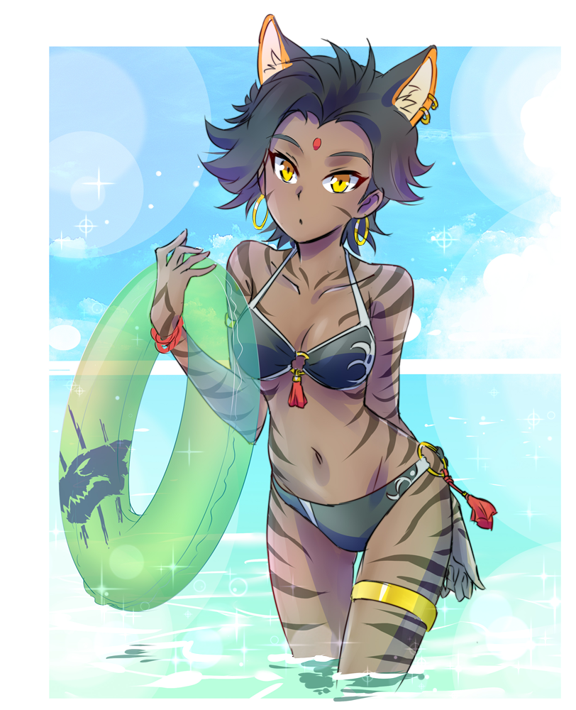 1girl, animal_ears, armlet, beach, bikini, bindi, black_hair, blue_sky