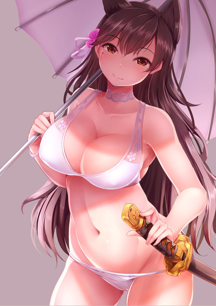 1girl, animal_ears, atago_(azur_lane), atago_(summer_march)_(azur_lane), azur_lane, bikini, black_hair, blush
