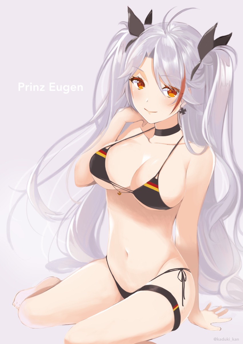 1girl, azur_lane, bikini, black_bikini, breasts, character_name, choker, female_focus, flag_print, flag_print_bikini, german_flag_bikini, grey_background, hair_over_one_eye, highres, kazuki_kan, large_breasts, long_hair, looking_at_viewer, multicolored_hair, orange_eyes, parted_bangs, print_bikini, prinz_eugen_(azur_lane), prinz_eugen_(unfading_smile)_(azur_lane), red_hair, side-tie_bikini_bottom, silver_hair, simple_background, sitting, solo, swimsuit, thigh_strap, two_side_up, very_long_hair