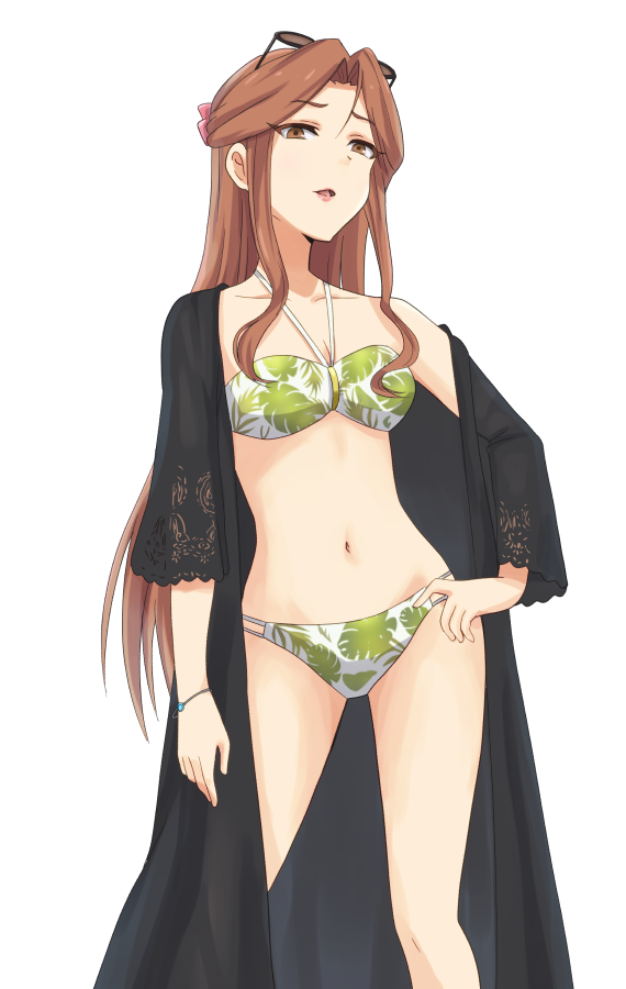 1girl, bikini, black_robe, brown_eyes, brown_hair, contrapposto, cowboy_shot, eyewear_on_head