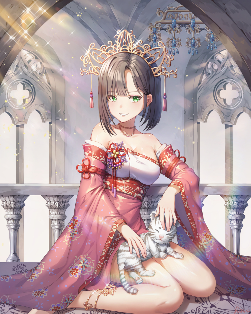 1girl, absurdres, animal, animal_on_lap, bad_id, bad_pixiv_id, bare_shoulders, black_hair