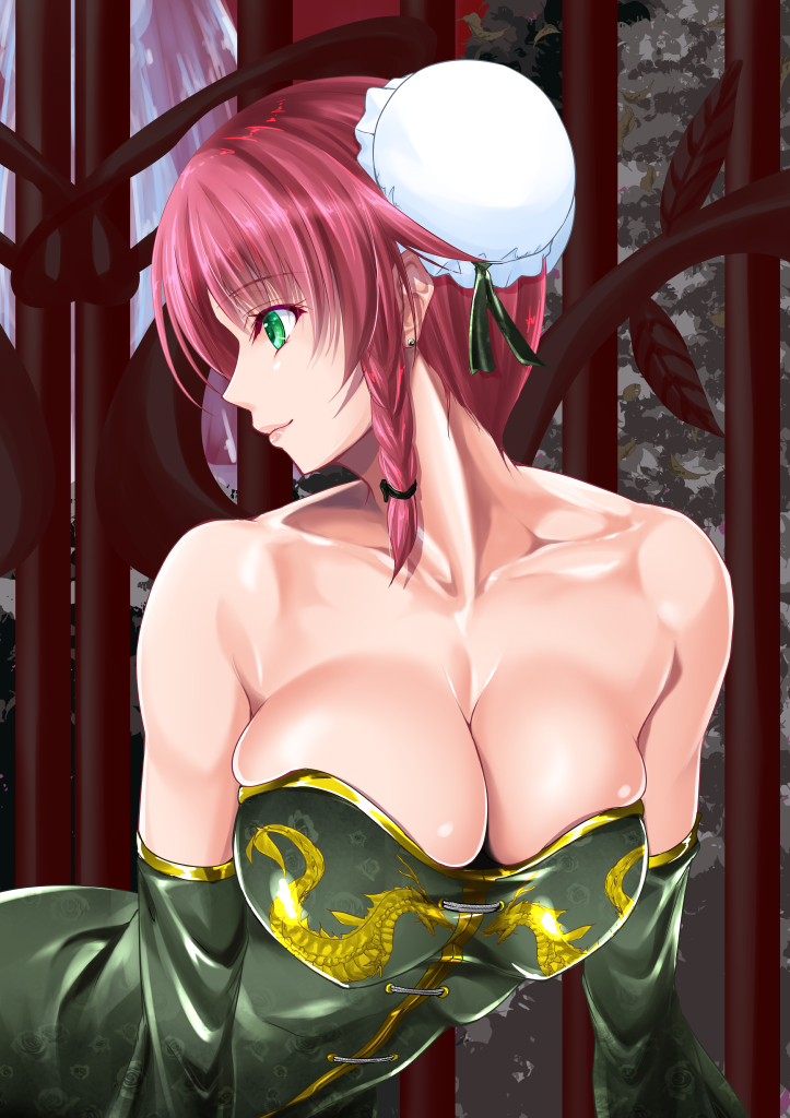 1girl, adapted_costume, alternate_costume, alternate_hairstyle, bare_shoulders, braid, breasts, bun_cover