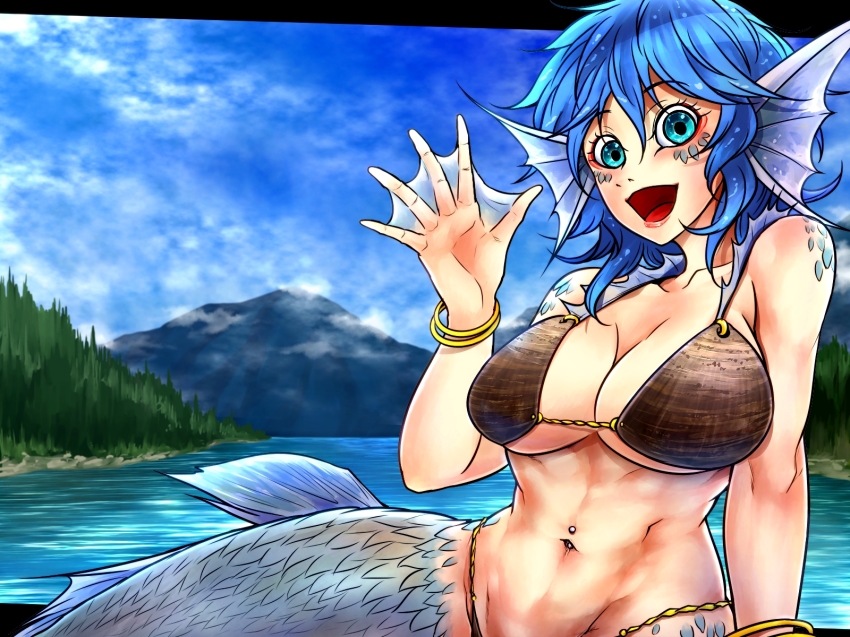1girl, bikini, bikini_top_only, blue_eyes, blue_hair, blue_sky, bracelet, breasts