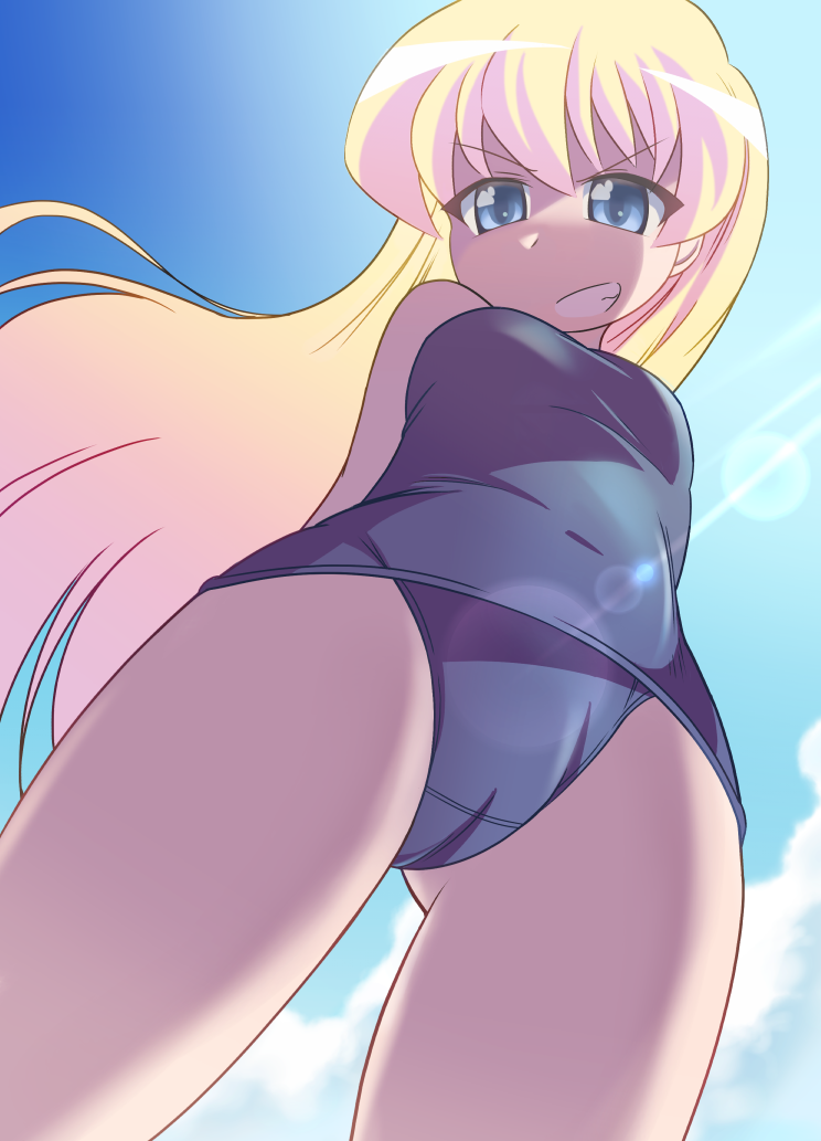 1girl, arms_behind_back, blonde_hair, blue_eyes, cameltoe, cloud, cloudy_sky, day, female_focus, from_below, grin, laika_(s4005146), lens_flare, long_hair, looking_at_viewer, looking_down, one-piece_swimsuit, pani_poni_dash!, rebecca_miyamoto, school_swimsuit, sky, smile, solo, swimsuit, teeth