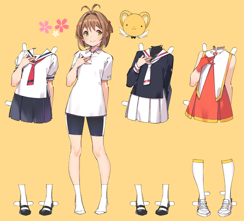 1girl, bike_shorts, black_shirt, blush, brown_hair, cardcaptor_sakura, cheerleader, dress-up, full_body, green_eyes, kero_(cardcaptor_sakura), kinomoto_sakura, kisekae, looking_at_viewer, neckerchief, pleated_skirt, popqn, school_uniform, serafuku, shirt, shoes, short_hair, simple_background, skirt, socks, tomoeda_elementary_school_uniform, tomoeda_middle_school_uniform, yellow_background
