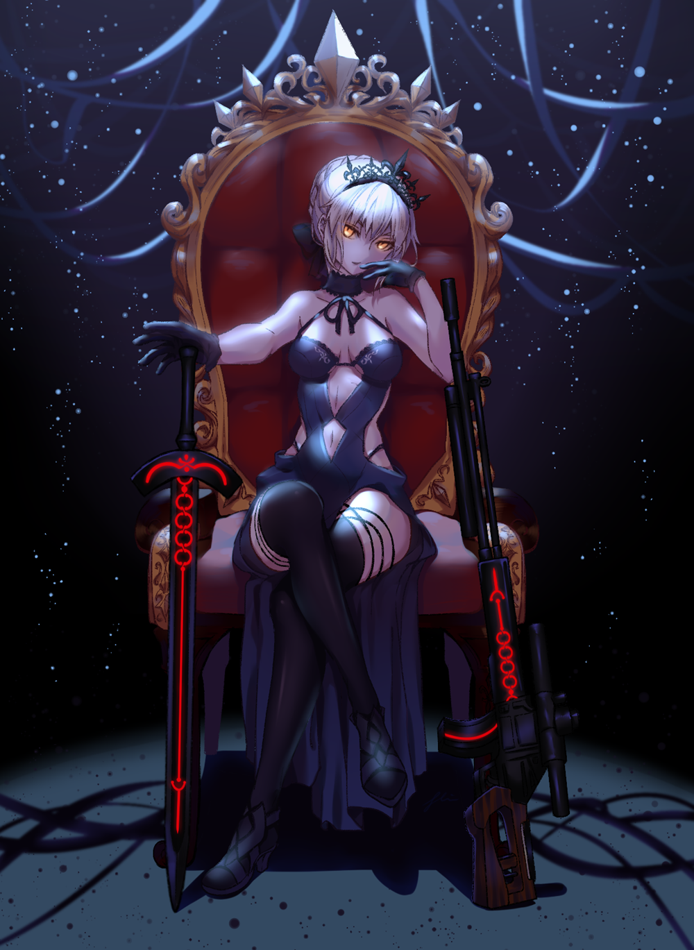 1girl, artoria_pendragon_(fate), az_(zero_glvimayhop), bare_shoulders, black_dress, black_gloves, black_ribbon, black_shoes, black_thighhighs, blonde_hair, breasts, breasts_apart, closed_mouth, clothing_cutout, collarbone, crossed_legs, dress, excalibur_morgan_(fate), fate/grand_order, fate_(series), female_focus, finger_to_mouth, full_body, gloves, glowing, glowing_eyes, gun, head_tilt, highres, looking_at_viewer, medium_breasts, midriff, navel, navel_cutout, on_throne, orange_eyes, outstretched_arm, ribbon, rifle, saber_alter, saber_alter_(swimsuit_rider)_(third_ascension), shoes, short_hair, sitting, sleeveless, sleeveless_dress, smile, sniper_rifle, solo, sword, thighhighs, throne, tiara, weapon