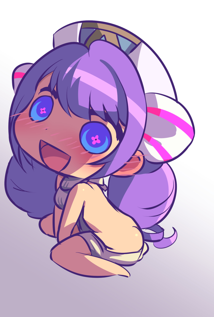 +_+, 1girl, :d, backless_dress, backless_outfit, bare_back, bare_shoulders, barefoot