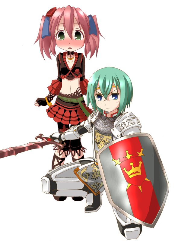00s, 2girls, armor, bad_id, bad_pixiv_id, blue_eyes, blush, dancer, final_fantasy, final_fantasy_xi, green_eyes, green_hair, holding, holding_sword, holding_weapon, iwasaki_minami, kaji_sakaki, kneeling, knight, kobayakawa_yutaka, lucky_star, midriff, multiple_girls, on_one_knee, pink_hair, shield, skirt, standing, sword, weapon