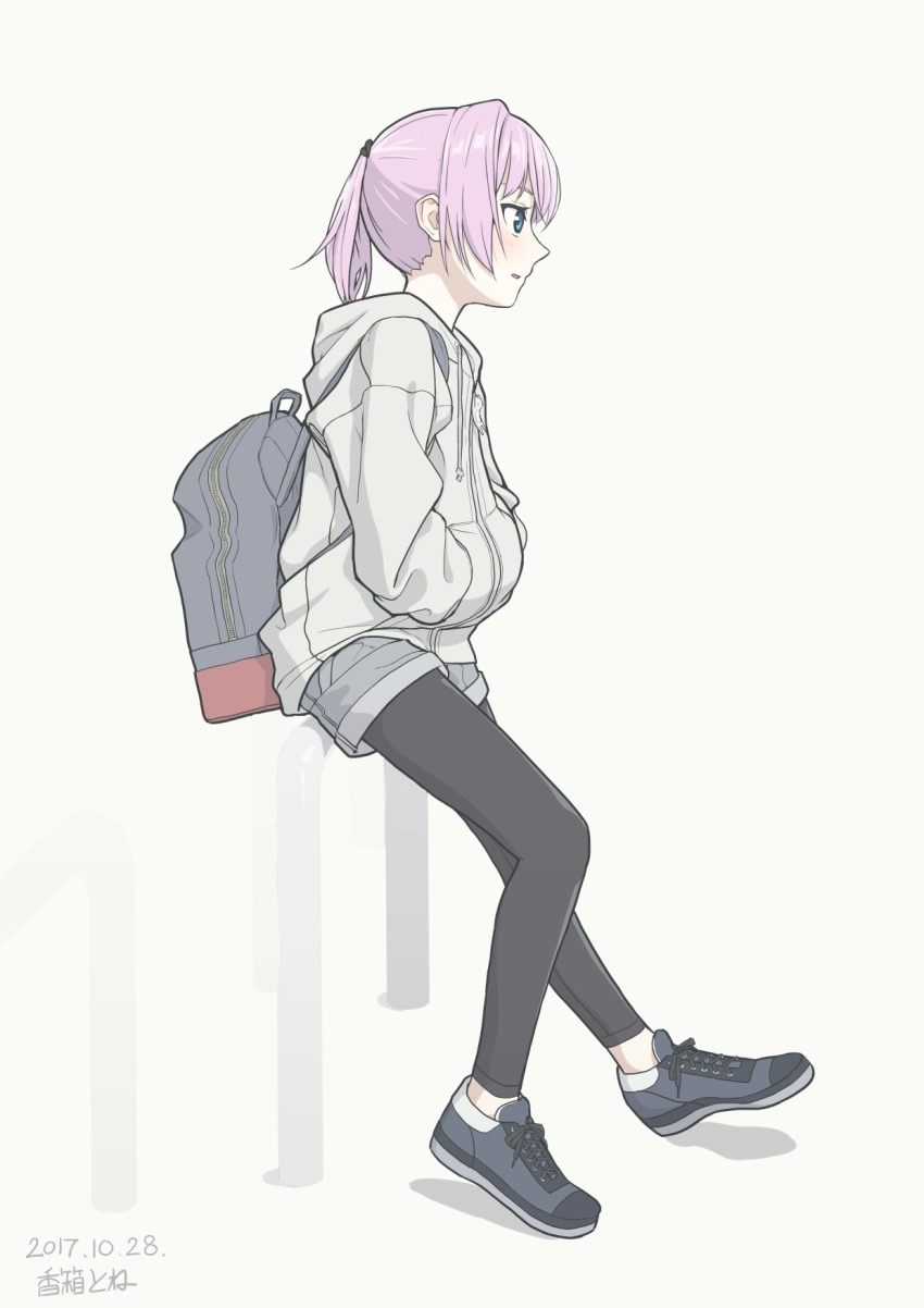 1girl, against_railing, artist_name, backpack, bag, beige_background, black_leggings, blue_eyes