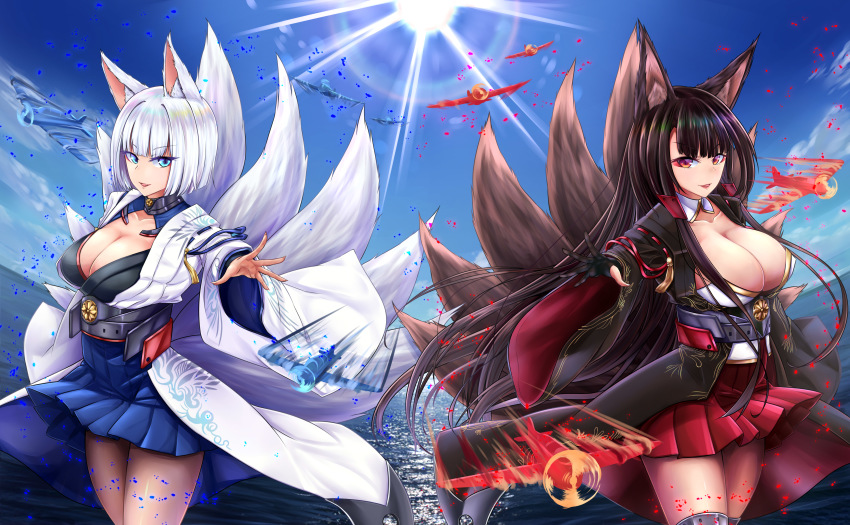 2girls, absurdres, akagi_(azur_lane), animal_ears, azur_lane, bad_id, bad_pixiv_id, black_gloves