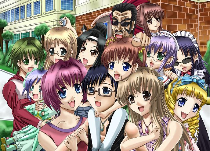 00s, 3boys, 6+girls, :d, aki-chan, alistia_rein, amamiya_shiina, asakura_nobunaga, ayase_ruko, ayase_yuuto, black_hair, blonde_hair, blue_eyes, blush, brown_hair, building, dojikko_aki-chan, drill_hair, everyone, head_tilt, kamishiro_yukari, kamishiro_yukari_(nogizaka), kamishiro_yukari_(nogizaka_haruka), kenneth_g, looking_at_viewer, multiple_boys, multiple_girls, nanashiro_nanami, nogizaka_akiho, nogizaka_gentou, nogizaka_haruka, nogizaka_haruka_no_himitsu, nogizaka_mika, open_mouth, outdoors, plant, red_hair, sakurazaka_hazuki, short_hair, smile, sunglasses, tareme, tree, twin_drills, twintails, wrinkled_skin