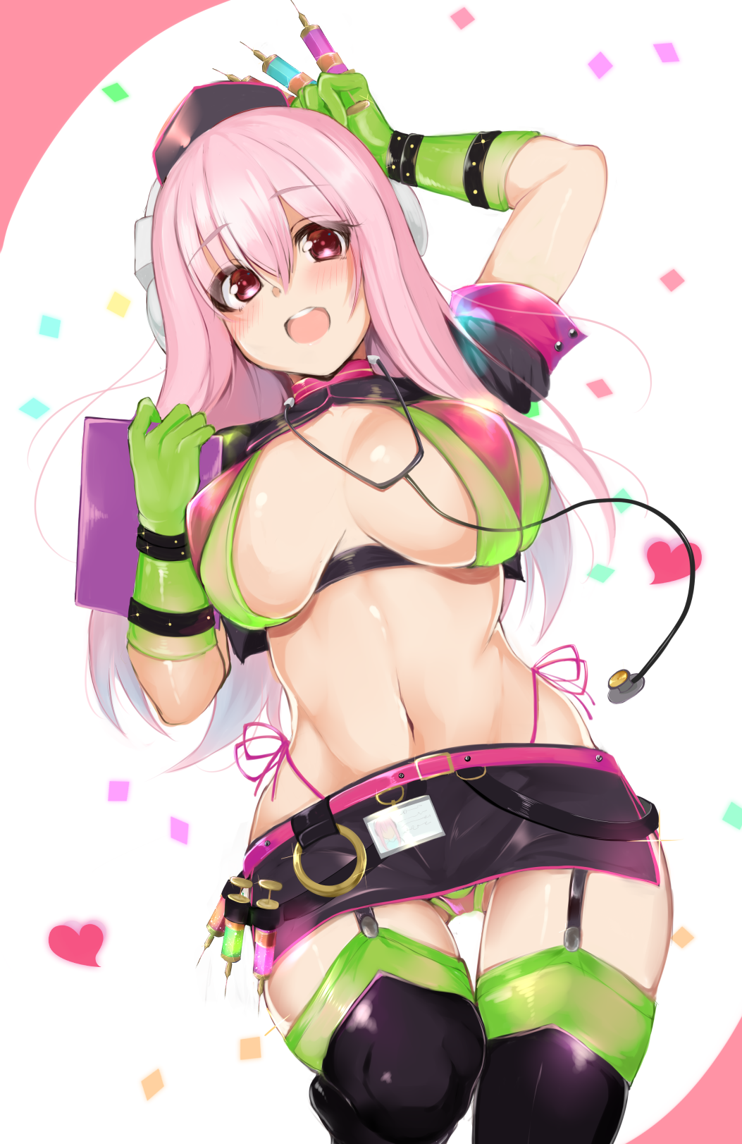 1girl, :d, arm_up, ashino, belt_buckle, between_breasts, bikini, bikini_under_clothes
