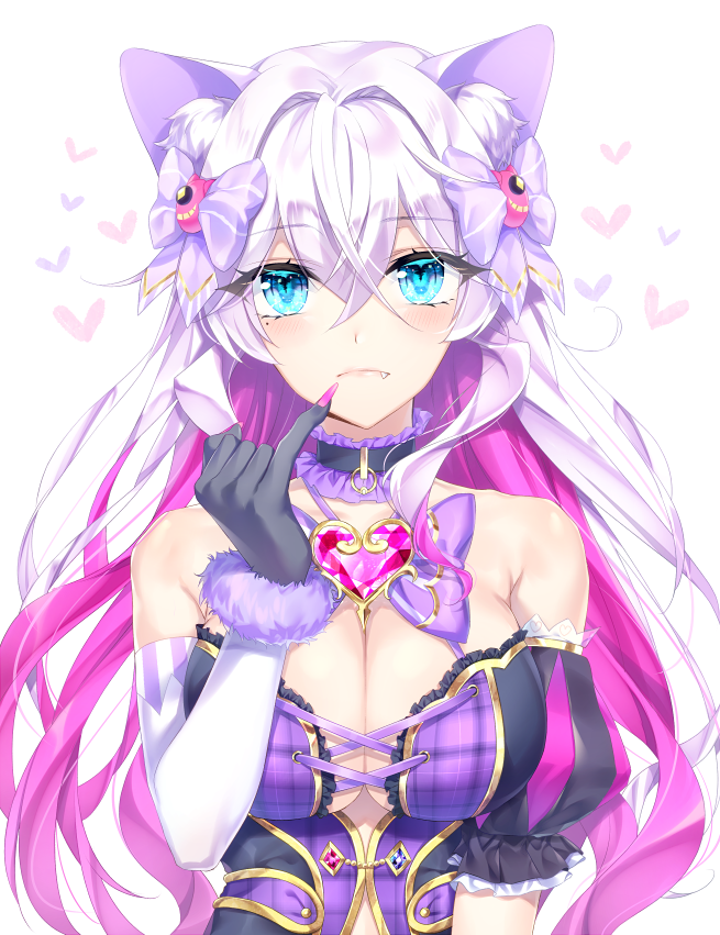 1girl, animal_ears, bad_id, bad_pixiv_id, bare_shoulders, black_gloves, blue_eyes, bow, breasts, choker, corset, detached_sleeves, dog_ears, fang, fang_out, female_focus, fingernails, gem, gloves, hair_between_eyes, hair_bow, heart, large_breasts, long_fingernails, long_hair, looking_at_viewer, moko_(shironeko_project), multicolored_hair, nail_polish, pink_hair, pink_nails, saeko_gds, shironeko_project, short_sleeves, silver_hair, solo, two-tone_hair, upper_body, white_background