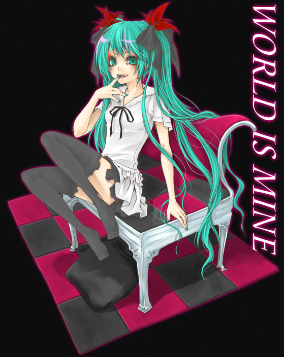 1girl, aqua_eyes, aqua_hair, aqua_nails, arm_support, fang, female_focus, hair_ribbon