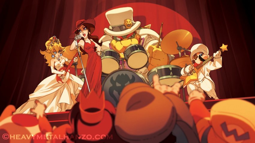 2boys, 2girls, band_(music), bass_guitar, bowser, breasts, character_request, dress, drum, facial_hair, guitar, hat, instrument, long_hair, mario, mario_(series), mario_(tuxedo), metalhanzo, microphone, microphone_stand, multiple_boys, multiple_girls, music, mustache, nail_polish, nintendo, pauline_(nintendo), princess_daisy, princess_peach, princess_peach_(wedding), singing, super_mario_odyssey, toad_(mario), top_hat, wario, wedding_dress