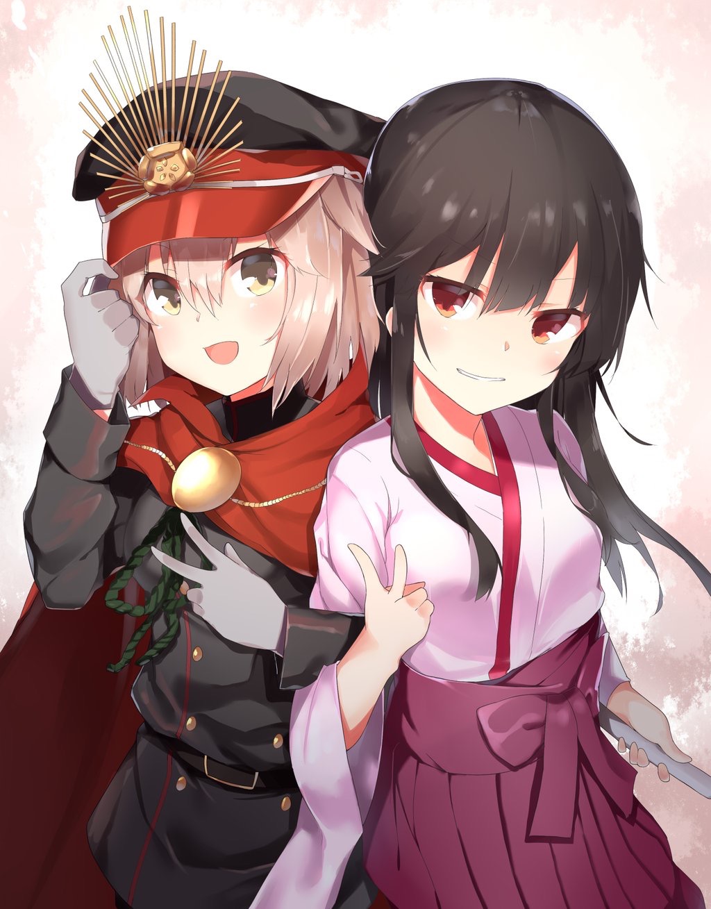 1girl, 2girls, black_hair, cape, cosplay, costume_switch, fate/grand_order, fate_(series)