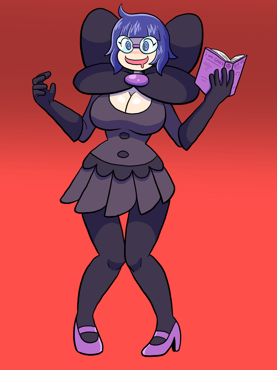 1girl, @_@, alternate_costume, bespectacled, black_gloves, black_pantyhose, blush, book, breasts, cleavage, cleavage_cutout, clothing_cutout, cosplay, drooling, elite_four, english_text, female_focus, full_body, glasses, gloves, greliz, hands_up, hex_maniac_(pokemon), hex_maniac_(pokemon_xy), high_heels, highres, knees_together_feet_apart, large_breasts, long_sleeves, matching_hair/eyes, nintendo, npc_trainer, open_mouth, pantyhose, pleated_skirt, pokemon, pokemon_black_and_white, pokemon_x_and_y, purple_eyes, purple_hair, purple_shirt, purple_shoes, purple_skirt, red_background, shauntal_(pokemon), shauntal_(pokemon)_(cosplay), shirt, shoes, short_hair, simple_background, skirt, smile, solo, standing, text_focus, thigh_gap