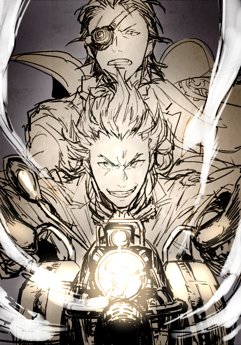 10s, 2boys, akai_suzaku, alternate_costume, clenched_teeth, egawa_satsuki, eyepatch, grin