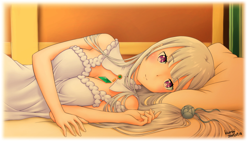 10s, 1girl, 2017, artist_name, blush, breasts, cleavage, closed_mouth, dated, detached_collar, emilia_(re:zero), female_focus, flower, gem, hair_flower, hair_ornament, indoors, kuroji_(kuroji1970), long_hair, lying, medium_breasts, nightgown, on_side, pillow, pink_eyes, pointy_ears, re:zero_kara_hajimeru_isekai_seikatsu, silver_hair, smile, solo, very_long_hair