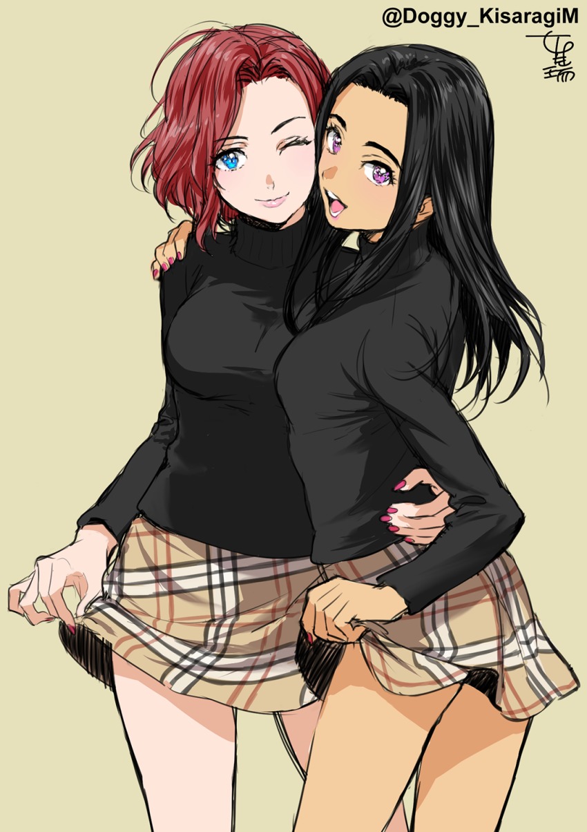 2girls, ;), black_hair, blue_eyes, dark-skinned_female, dark_skin, hand_on_another's_shoulder, hand_on_own_hip, highres, holding_own_skirt, kisaragi_mizu, mila_babicheva, multiple_girls, nail_polish, one_eye_closed, open_mouth, plaid_clothes, plaid_skirt, purple_eyes, red_hair, red_nails, sara_crispino, skirt, smile, turtleneck, twitter_username, yuri!!!_on_ice