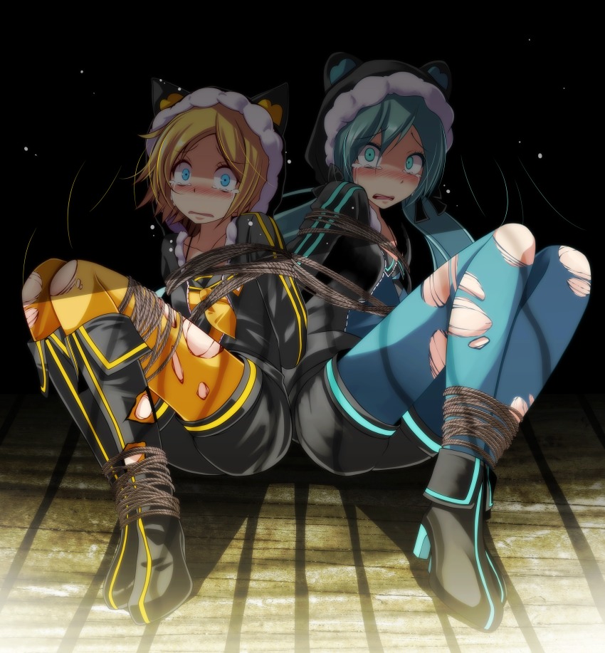 2girls, absurdres, animal_hood, ankle_boots, aqua_eyes, aqua_hair, arms_behind_back, bad_id, bad_pixiv_id, bdsm, black_hoodie, blonde_hair, blue_eyes, bondage, boots, bound, bound_ankles, bound_legs, bound_together, bound_torso, bound_wrists, breasts, constricted_pupils, crying, crying_with_eyes_open, fold-over_boots, hatsune_miku, hatsune_miku_(green_ponpoko), high_heel_boots, high_heels, highres, hood, hoodie, kagamine_rin, kagamine_rin_(orange_konkon), knee_boots, kunoichi_demo_koi_ga_shitai_(vocaloid), long_hair, multiple_girls, pantyhose, project_diva_(series), project_diva_x, scared, short_hair, small_breasts, tearing_up, tears, torn_clothes, torn_legwear, torn_pantyhose, tsukishiro_saika, twintails, very_long_hair, vocaloid