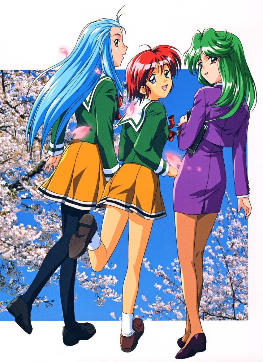 3girls, absurdres, asou_kasumi, blue_eyes, blue_hair, cherry_blossoms, green_hair, highres