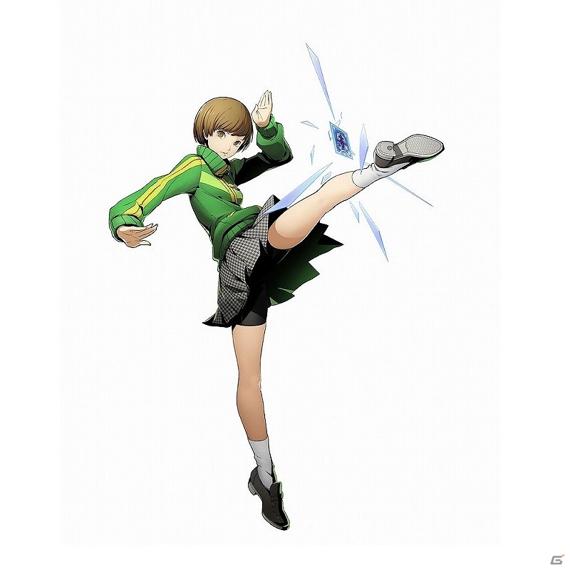 1girl, blazblue, blazblue:_cross_tag_battle, card, chinese_dragon_bully, dustloop_(site), erin_fitzgerald, female_focus, fighting_stance, higuchi_konomi, horie_yui, jersey, kicking, official_art, persona, persona_4, persona_4:_the_ultimate_in_mayonaka_arena, satonaka_chie, shoes, shorts, shorts_under_skirt, solo, tarot, tarot_card, the_chariot_(tarot), voice_actor_connection