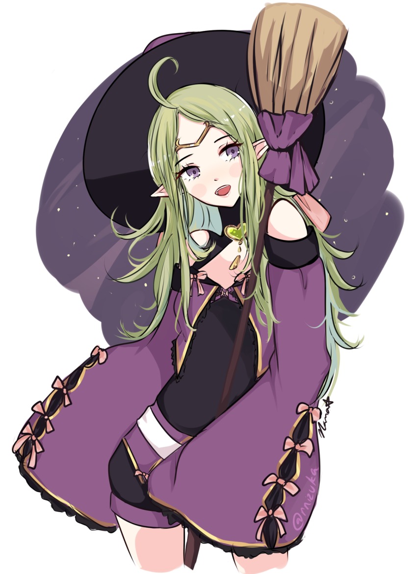 1girl, ahoge, alternate_costume, blush, female_focus, fire_emblem, fire_emblem_awakening, fire_emblem_heroes, garter_straps, gloves, green_hair, hair_ornament, halloween, highres, long_hair, looking_at_viewer, nana_(mizukas), navel, nintendo, nowi_(eternal_witch)_(fire_emblem), nowi_(fire_emblem), official_alternate_costume, pointy_ears, purple_eyes, smile, solo, witch