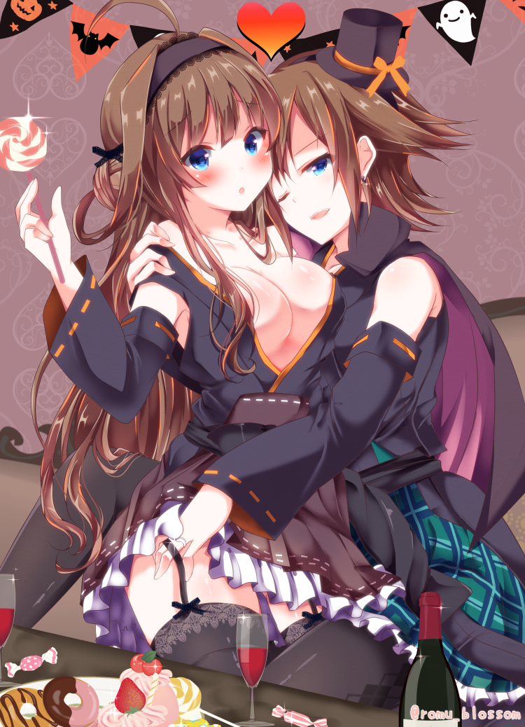 2girls, adapted_costume, ahoge, alcohol, bad_id, bad_pixiv_id, black_hat, black_legwear