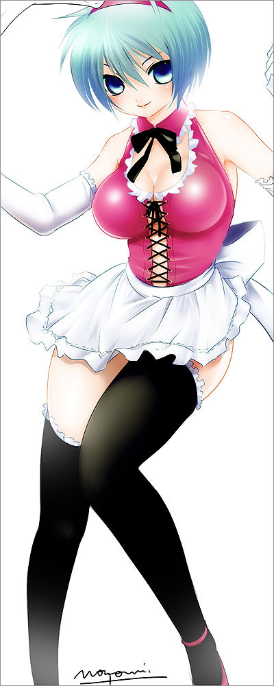 animal_ears, blue_eyes, blue_hair, breasts, cleavage, large_breasts, maid, nozomi_(artist)