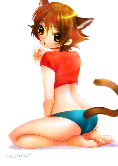 00s, 10s, 1girl, animal_ears, barefoot, brown_hair, cat_ears, cat_tail