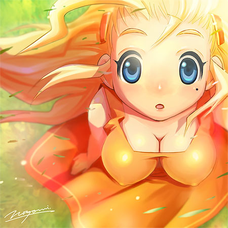 00s, 10s, 1girl, blonde_hair, blue_eyes, breasts, cleavage, covered_erect_nipples