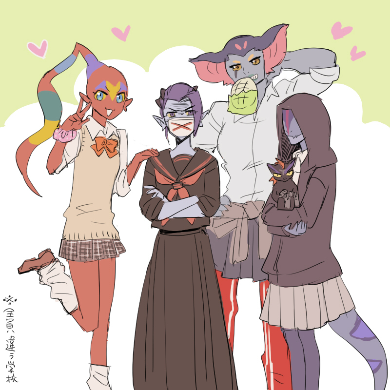 4girls, acxa_(voltron), alien, black_serafuku, blue_skin, cat, colored_sclera, colored_skin, delinquent, ezor_(voltron), grey_skin, hood, hoodie, long_sleeves, monster_girl, multiple_girls, narti_(voltron), no_eyes, no_humans, plaid_clothes, plaid_skirt, pleated_skirt, ponzu_(beetle_burner), red_skin, school_uniform, serafuku, skirt, standing, standing_on_one_leg, sukeban, tail, vest, voltron:_legendary_defender, voltron_(series), yellow_sclera, zethrid_(voltron)
