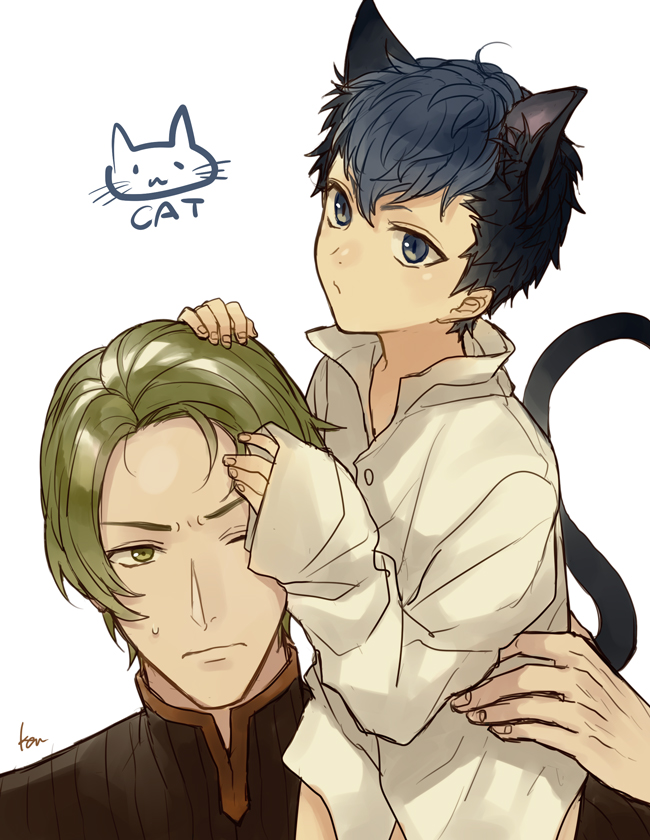 2boys, akke, animal_ears, artist_name, black_hair, blue_eyes, blue_hair, cat_boy