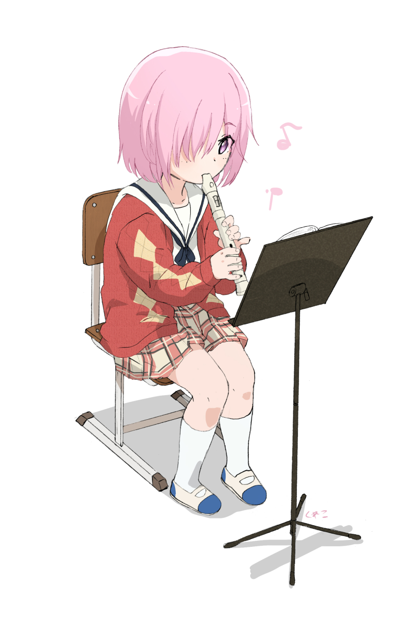 1girl, aged_down, alternate_costume, argyle_cardigan, argyle_clothes, blush, chair, child, commentary_request, fate/grand_order, fate_(series), female_focus, flute, full_body, hair_over_one_eye, highres, holding, instrument, jacket, kneehighs, long_sleeves, mash_kyrielight, music, music_stand, musical_note, open_clothes, open_jacket, pink_eyes, pink_hair, plaid_clothes, plaid_skirt, playing_instrument, quaver, rantyouka, recorder, recording, red_jacket, sailor_collar, shoes, short_hair, simple_background, sitting, skirt, socks, solo, uwabaki, white_background, white_shoes, white_socks
