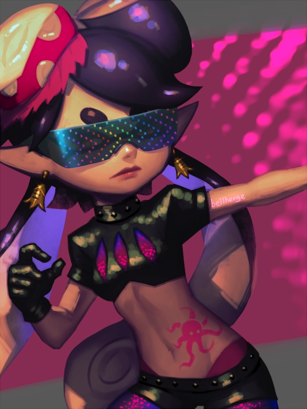 1girl, alternate_costume, bellhenge, black_gloves, black_hair, callie_(octo_idol_outfit)_(splatoon), callie_(splatoon), crop_top