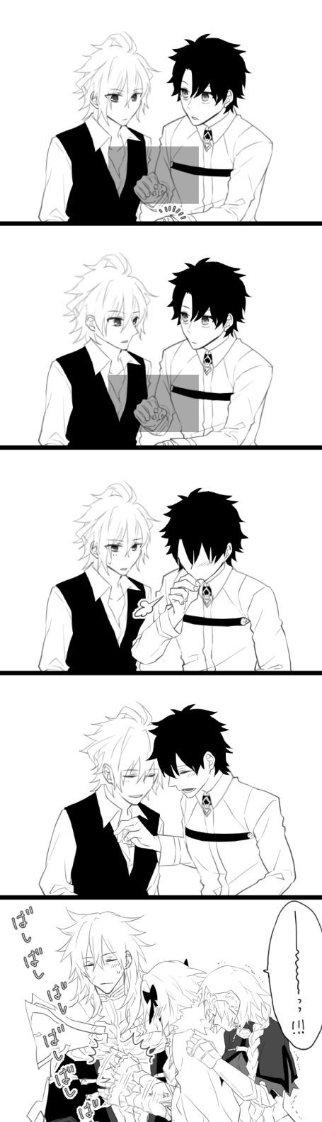 1girl, 4boys, abi_(ab_i_ba), ahoge, armor, armored_dress, astolfo_(fate), astolfo_(rider)_(fate), black_ribbon, blush, braid, cape, capelet, cloak, closed_eyes, comic, dress, fate/apocrypha, fate/grand_order, fate_(series), fujimaru_ritsuka_(male), gauntlets, greyscale, hair_ribbon, headpiece, highres, jeanne_d'arc_(fate), jeanne_d'arc_(ruler)_(fate), long_hair, long_sleeves, male_focus, monochrome, multiple_boys, ribbon, shirt, short_hair, sieg_(fate), siegfried_(fate), simple_background, single_braid, so_moe_i'm_gonna_die!, speech_bubble, translation_request, trap, vest, waistcoat