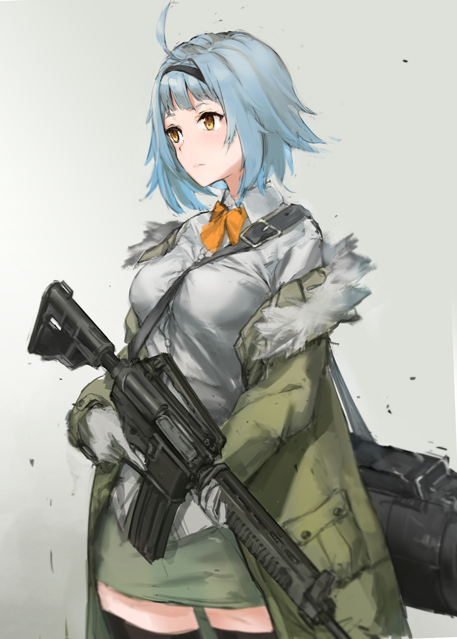 1girl, ahoge, assault_rifle, bad_id, bad_pixiv_id, bag, blush, brown_eyes